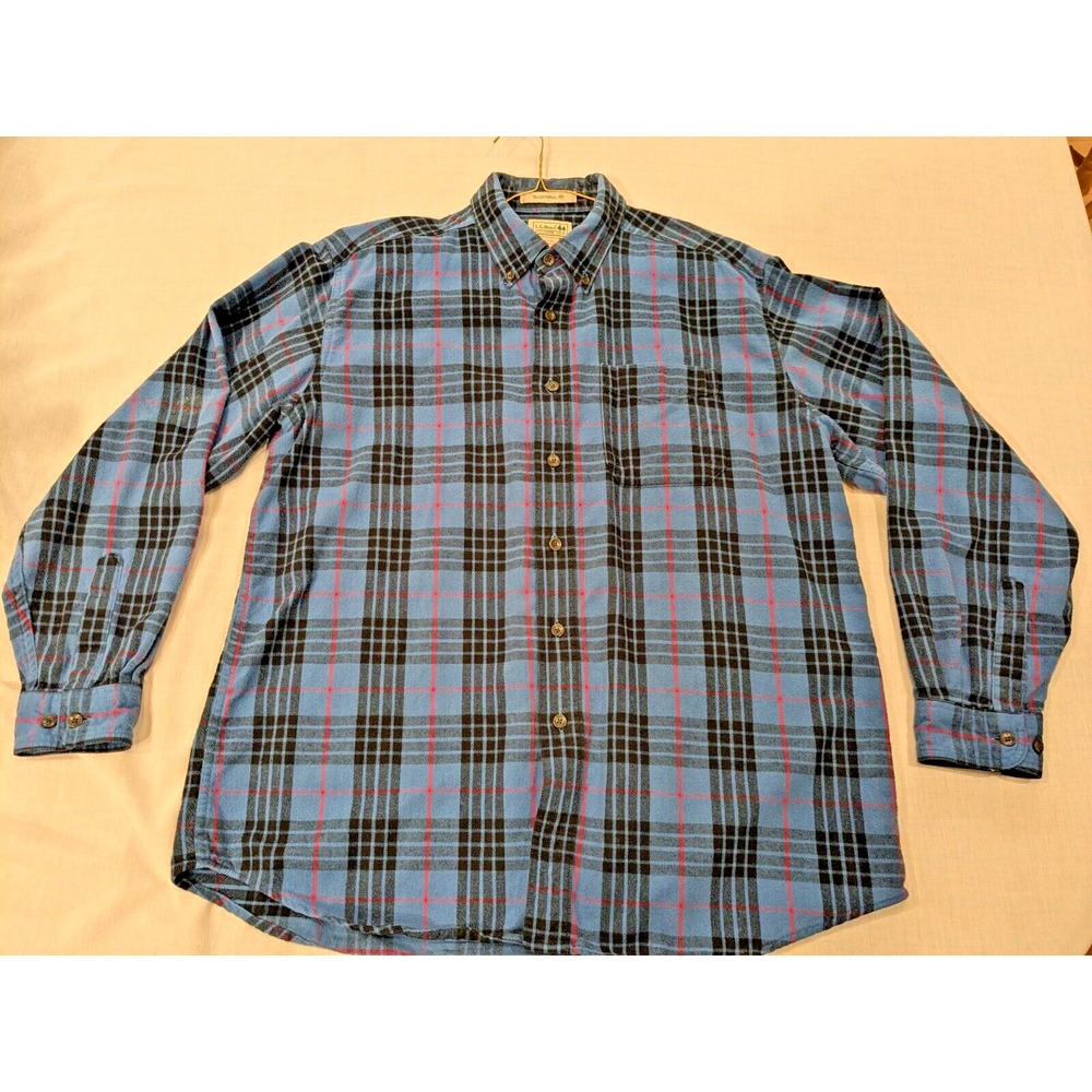 VTG LL Bean Men Traditional Fit Plaid Blue/Red Holiday Flannel Shirt Sz L Cotton - Picture 9 of 16